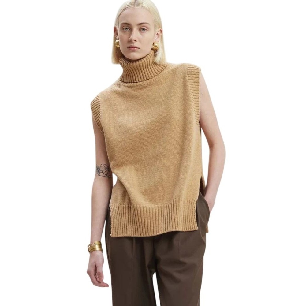 Frankie Shop Sweater Vest Women Medium Camel Excellent Sleeveless Turtleneck